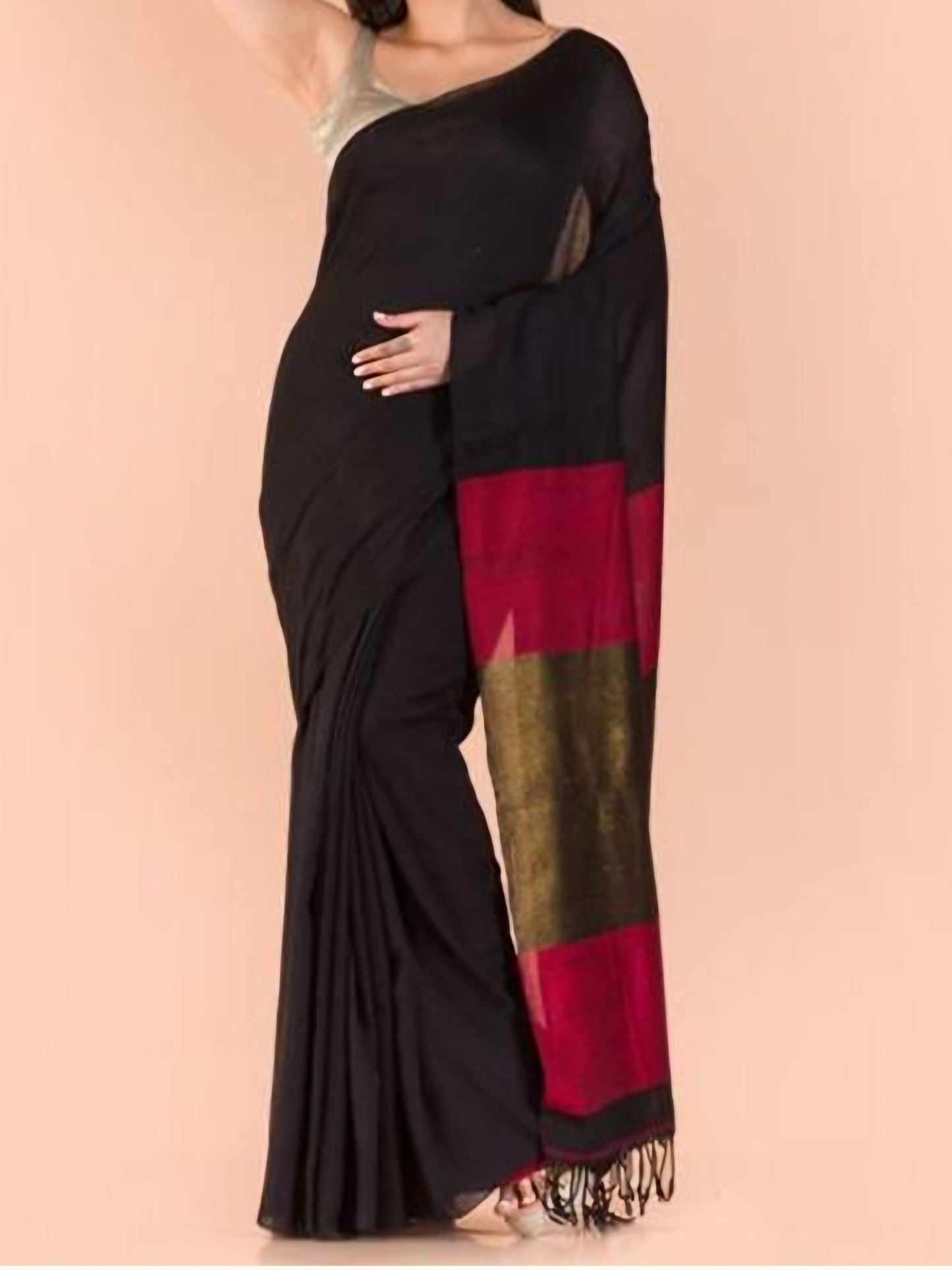 Cotton black and maroon combination saree- SA231