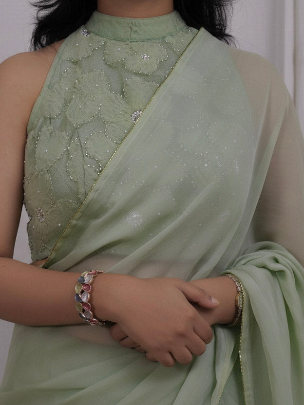 Whispered Grace – Mint Green Pure Organza Silk Saree