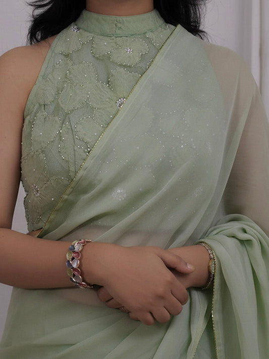 Whispered Grace – Mint Green Pure Organza Silk Saree