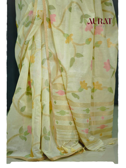 Ivory Phool Jamdani-Off-White Jamdani Cotton Silk Saree