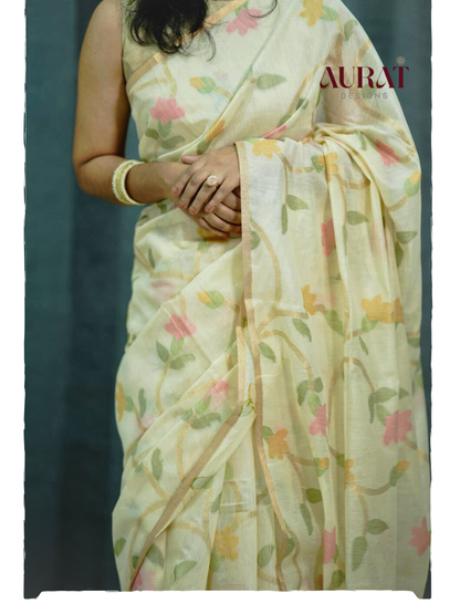 Ivory Phool Jamdani-Off-White Jamdani Cotton Silk Saree
