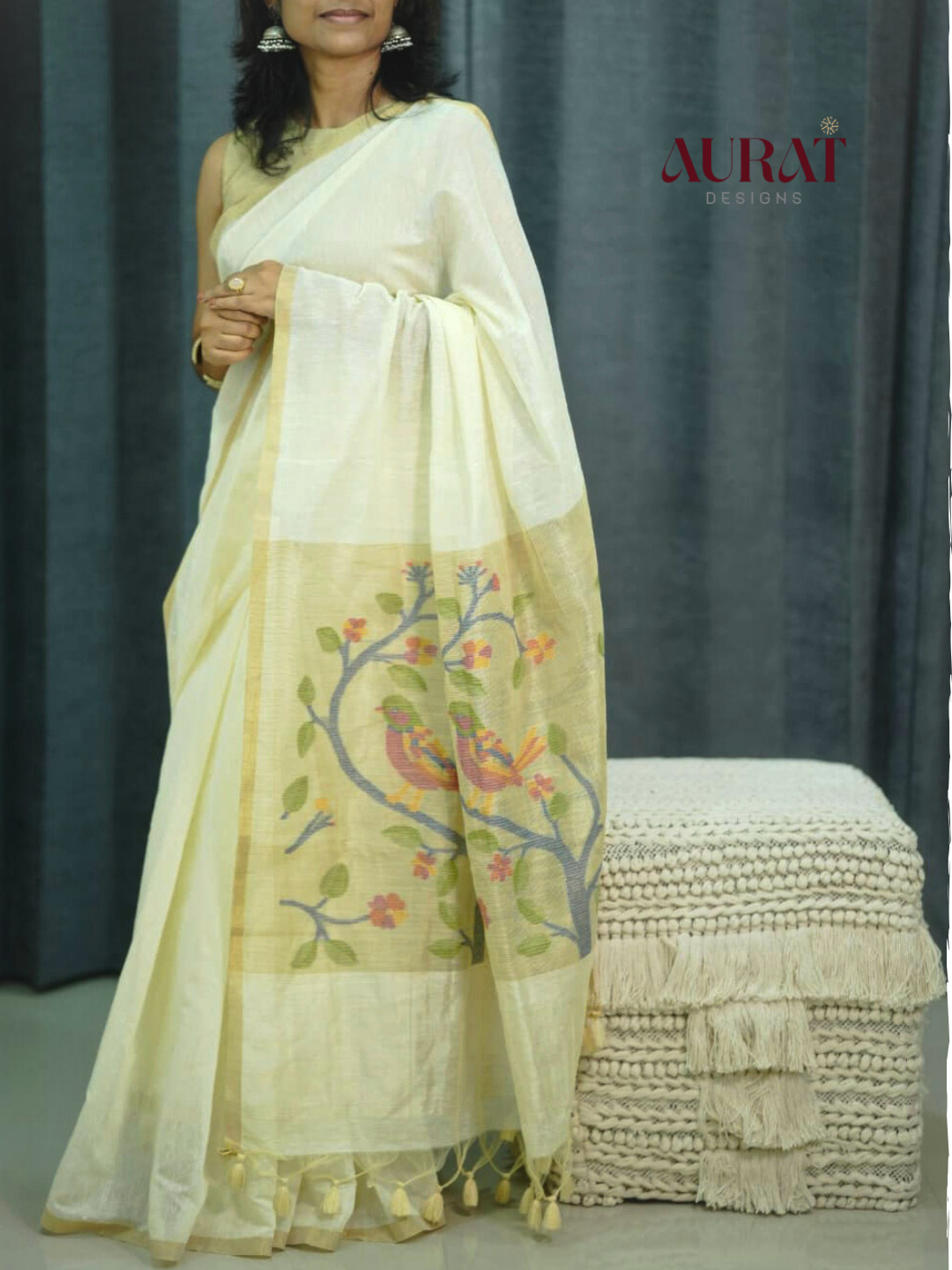 Cotton silk saree off white -S239