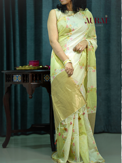 Ivory Gulabi Jamdhani Cotton Silk Saree with Golden Pallu