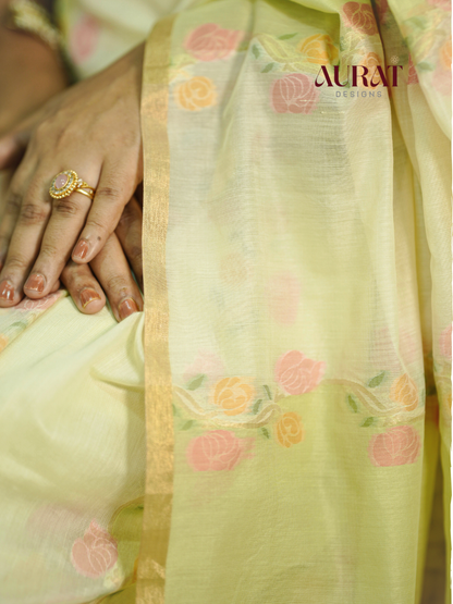 Ivory Gulabi Jamdhani Cotton Silk Saree with Golden Pallu
