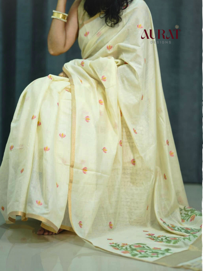 Ivory Lotus Jamdhani -Cotton Silk Saree with Golden Border