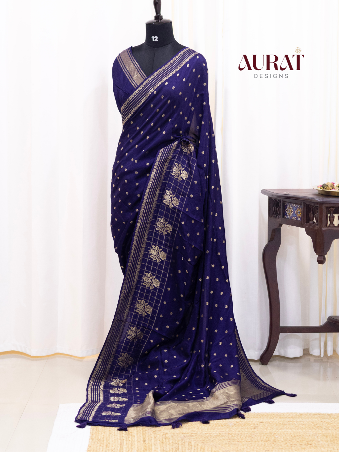 Regal Whisper – Dark blue Dola Silk Saree with Golden Zari Butas