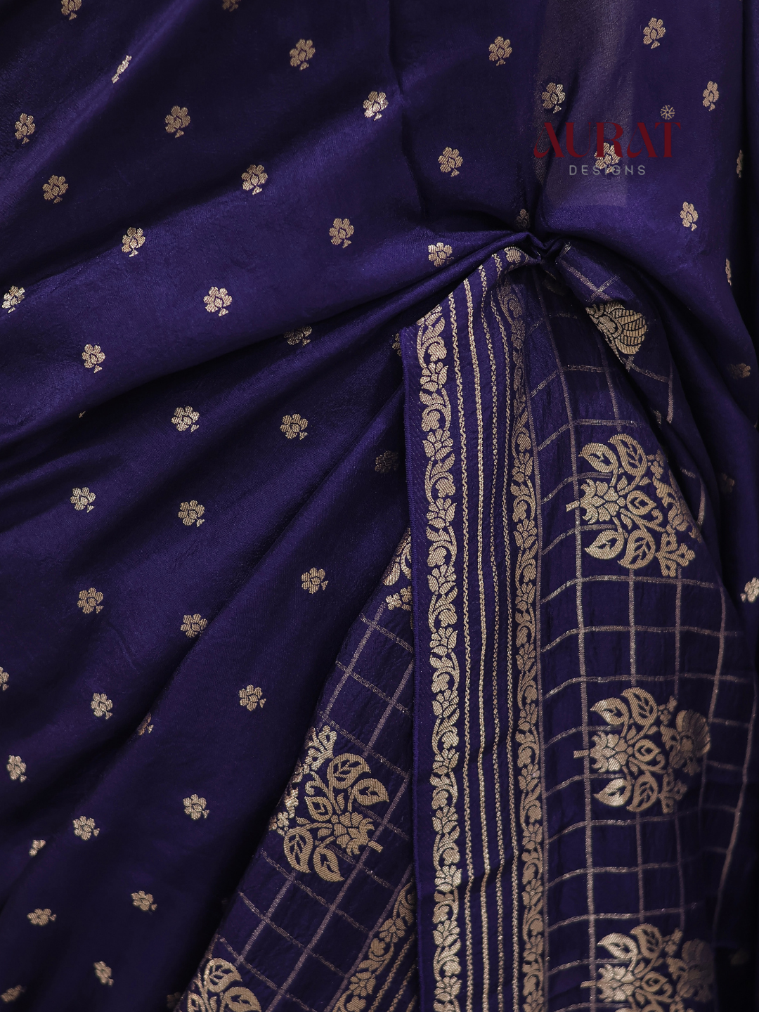 Regal Whisper – Dark blue Dola Silk Saree with Golden Zari Butas