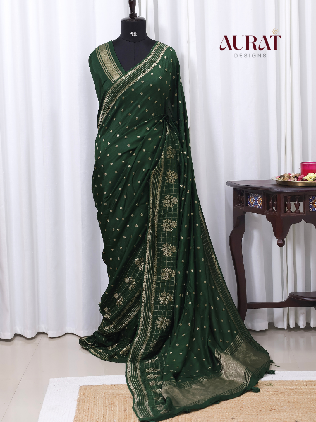 Regal Whisper – Bottle green Dola Silk Saree with Golden Zari Bhutas