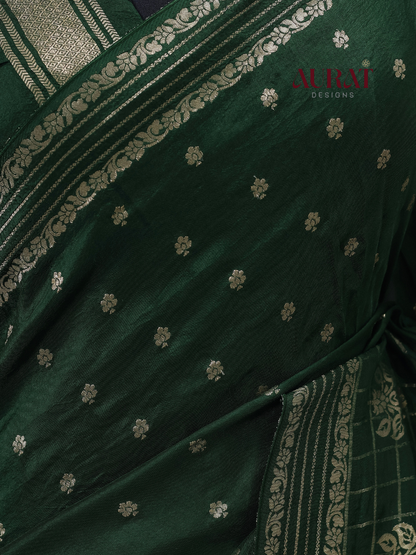 Regal Whisper – Bottle green Dola Silk Saree with Golden Zari Bhutas