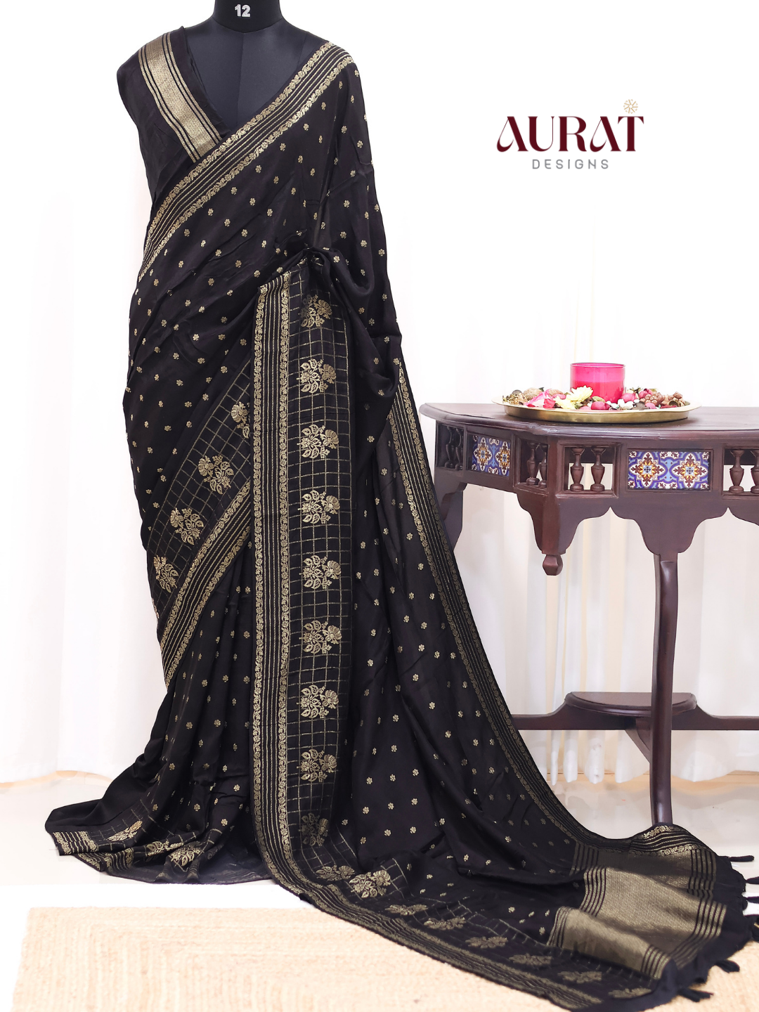 Regal Whisper – Black Dola Silk Saree with Golden Zari Bhutas