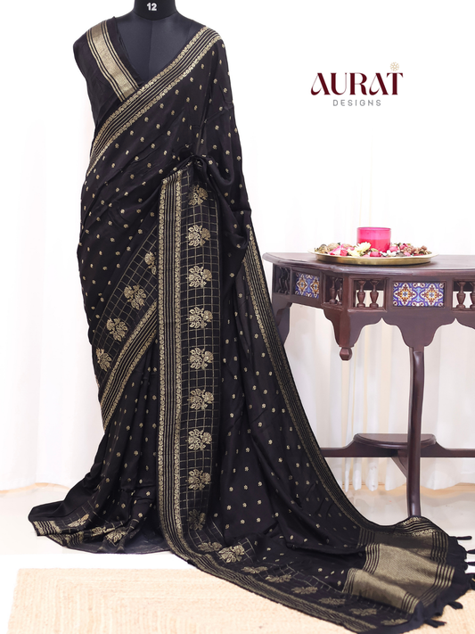 Regal Whisper – Black Dola Silk Saree with Golden Zari Bhutas