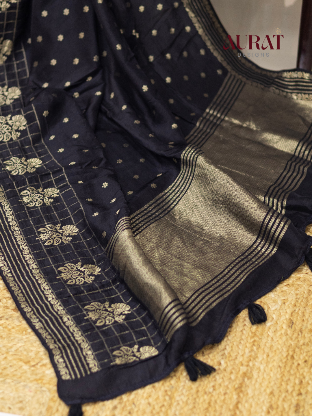 Regal Whisper – Black Dola Silk Saree with Golden Zari Bhutas