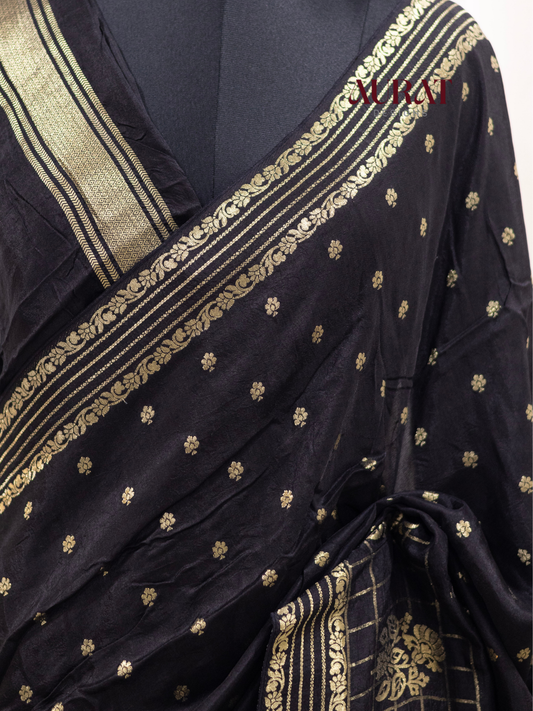Regal Whisper – Black Dola Silk Saree with Golden Zari Bhutas