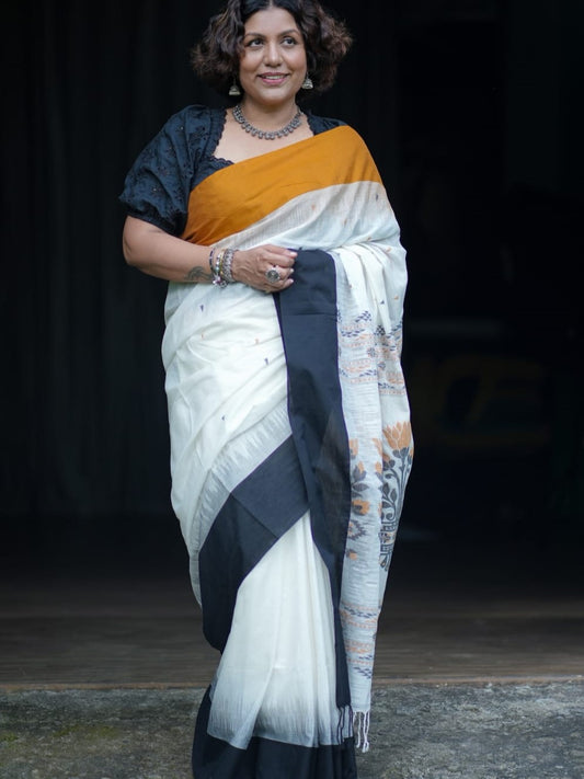 Premium khadi mustard and black saree-SA210