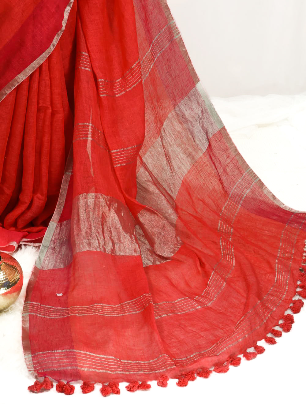 Peach & Rani pink color pure linen saree-S194