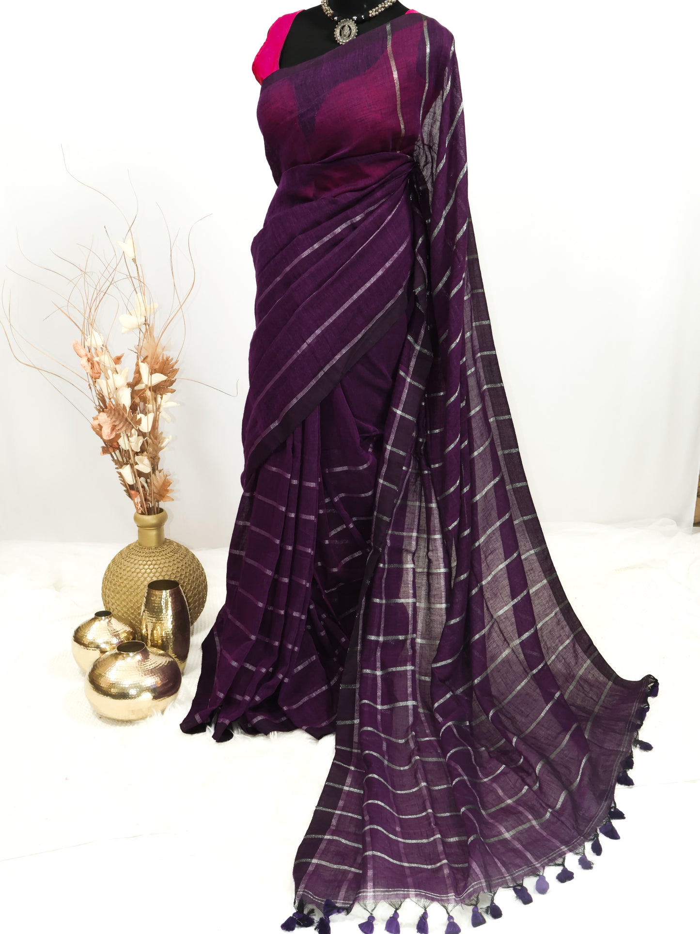 Purple silver box linen saree-S221