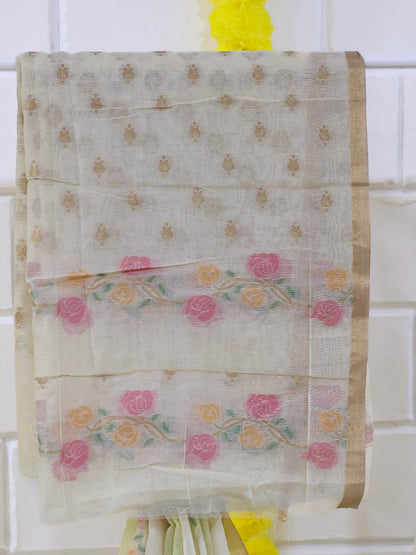 Ivory Gulabi Jamdhani Cotton Silk Saree with Golden Pallu