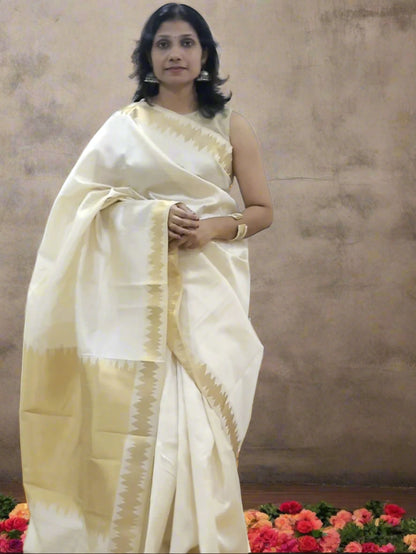 Ivory Temple Kasavu semi Silk Saree