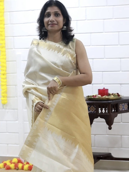 Ivory Temple Kasavu semi Silk Saree