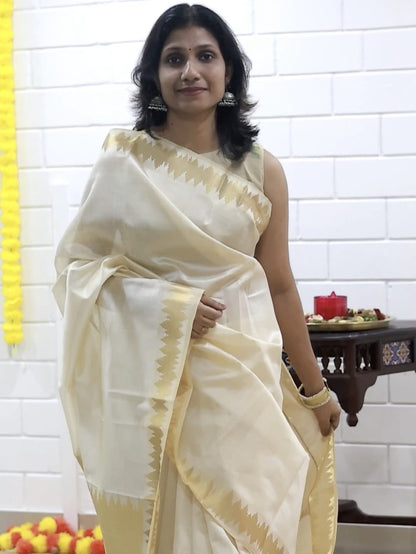 Ivory Temple Kasavu semi Silk Saree