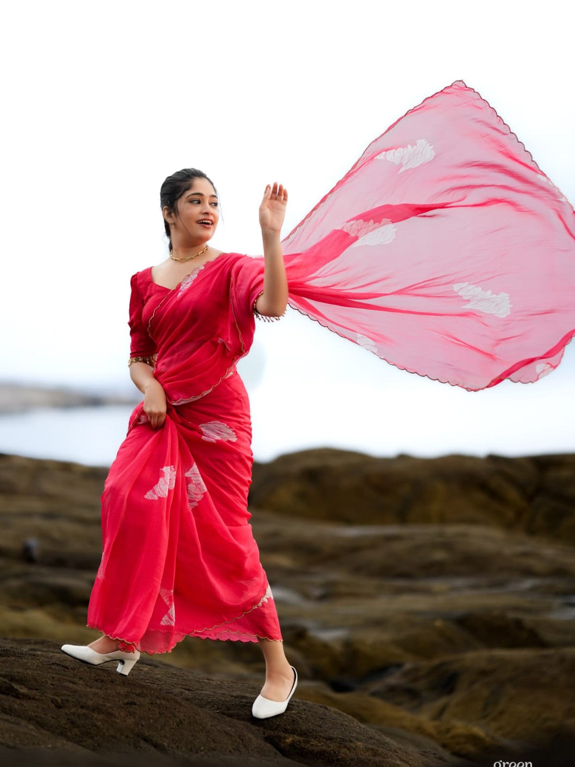 Petal Whisper – Dark Pink Organza Silk Saree with Floral Digital Print