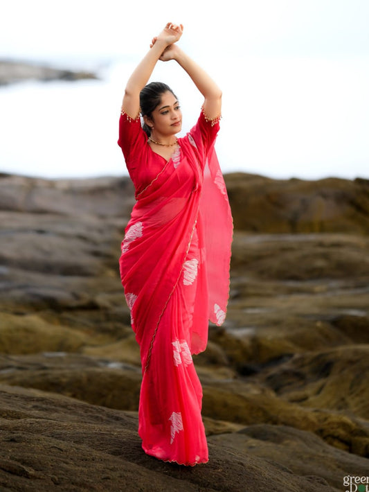 Petal Whisper – Dark Pink Organza Silk Saree with Floral Digital Print