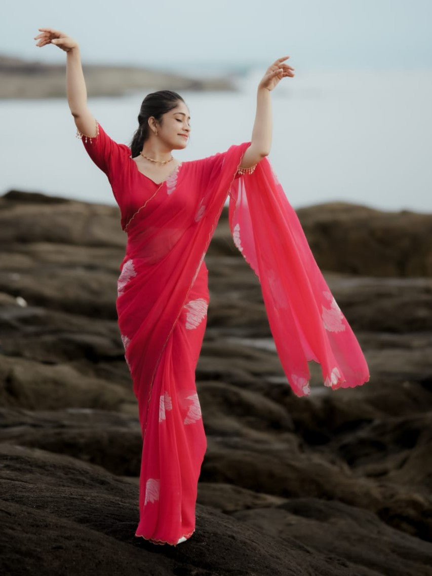 Petal Whisper – Dark Pink Organza Silk Saree with Floral Digital Print