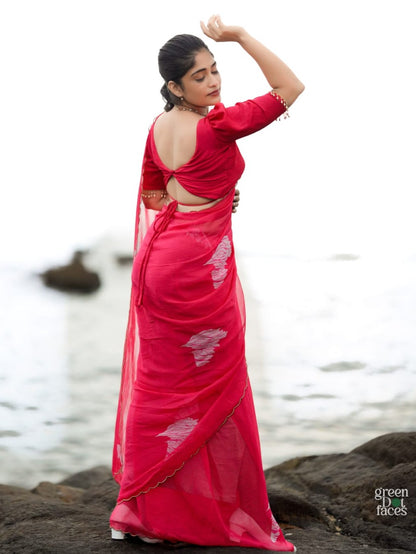 Petal Whisper – Dark Pink Organza Silk Saree with Floral Digital Print