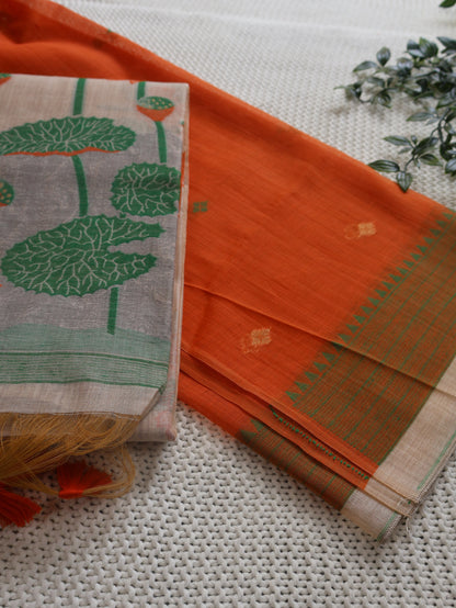 Lotus Whisper – Muga Cotton Silk Saree- orange