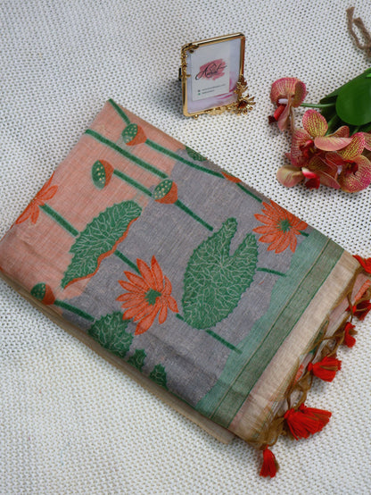 Lotus Whisper – Muga Cotton Silk Saree- orange