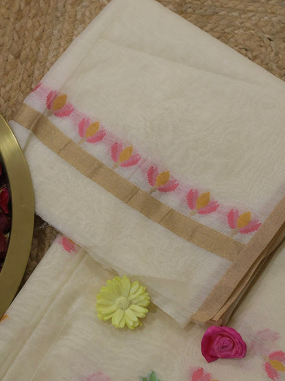 Ivory Lotus Jamdhani -Cotton Silk Saree with Golden Border
