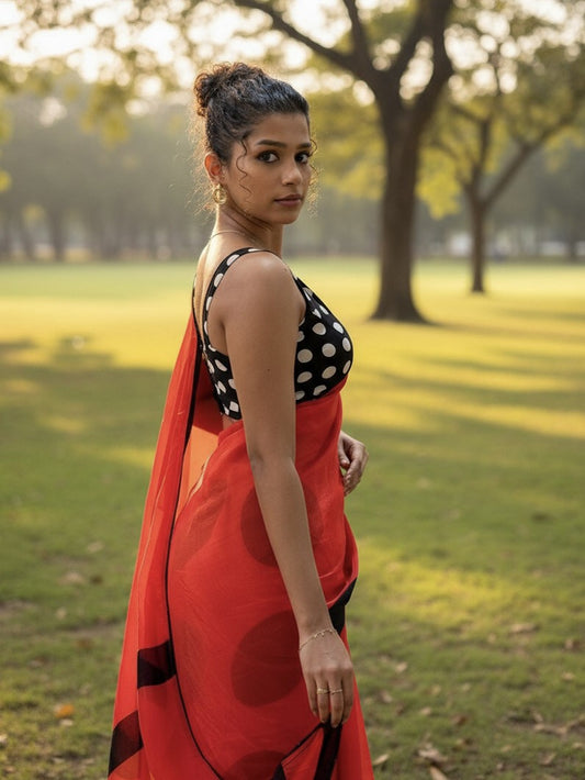 Polka Whisper – Glass Organza Saree with Digital Polka Print & Black Piping