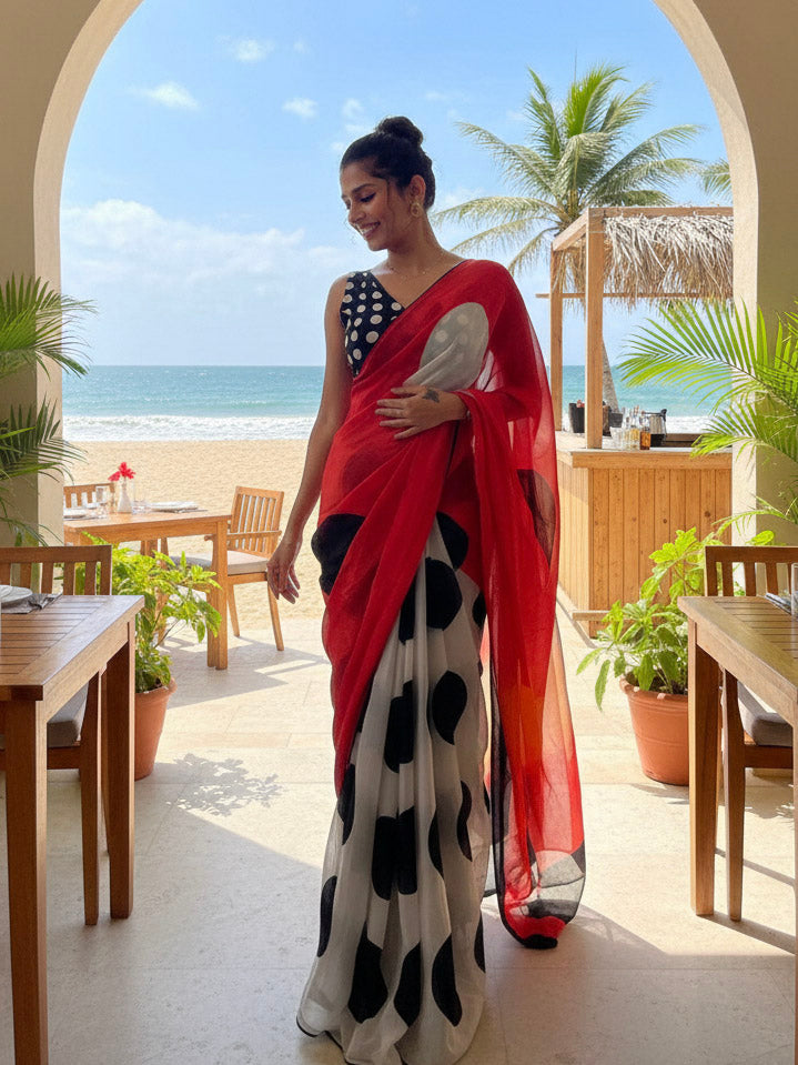 Polka Whisper – Glass Organza Saree with Digital Polka Print & Black Piping