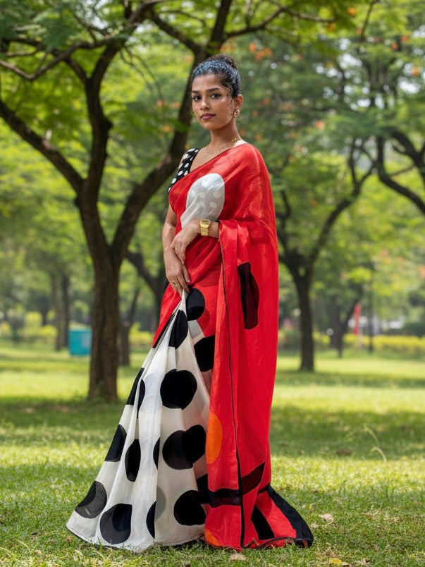 Polka Whisper – Glass Organza Saree with Digital Polka Print & Black Piping