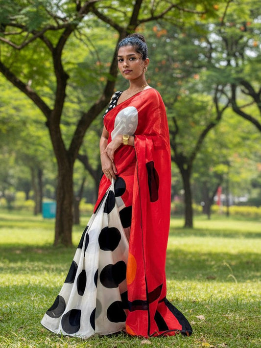 Polka Whisper – Glass Organza Saree with Digital Polka Print & Black Piping