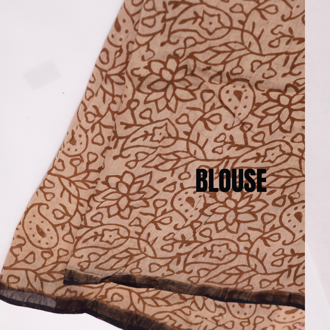 Kota doria bagru print cotton saree-S168(a)