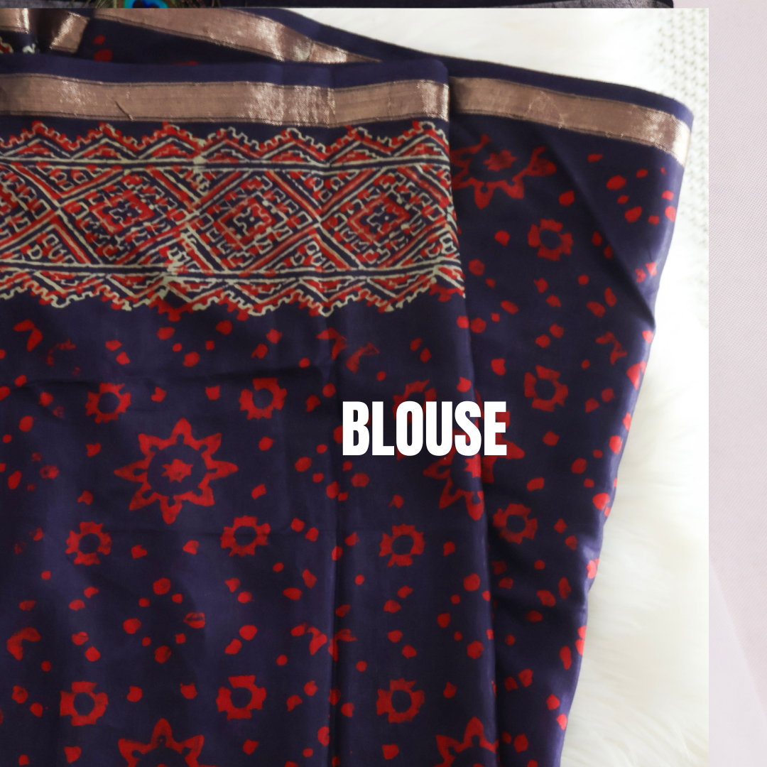 Dark blue handloom ajrak print silk saree-S156