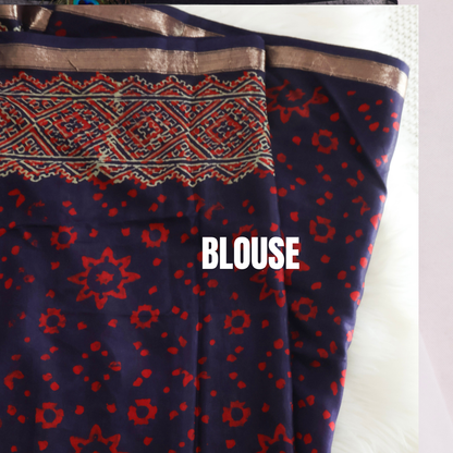Dark blue handloom ajrak print silk saree-S156