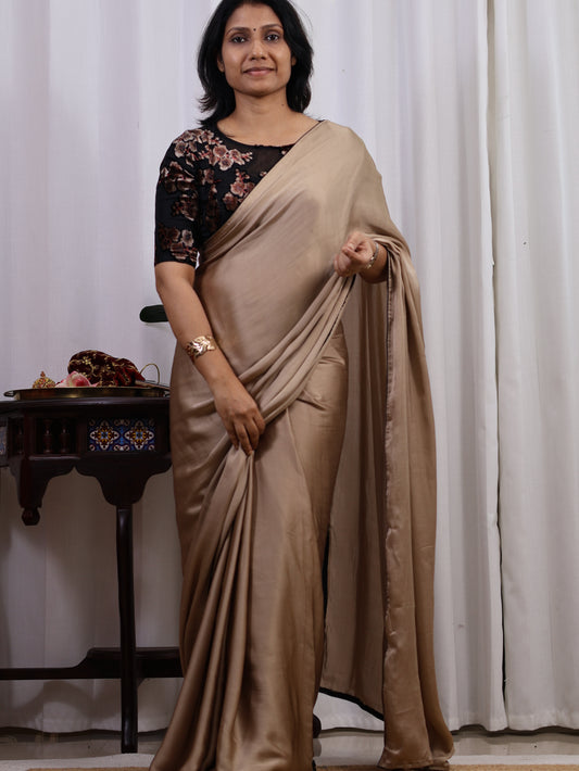 Velvet Whisper – Champagne Satin Modal Silk Saree