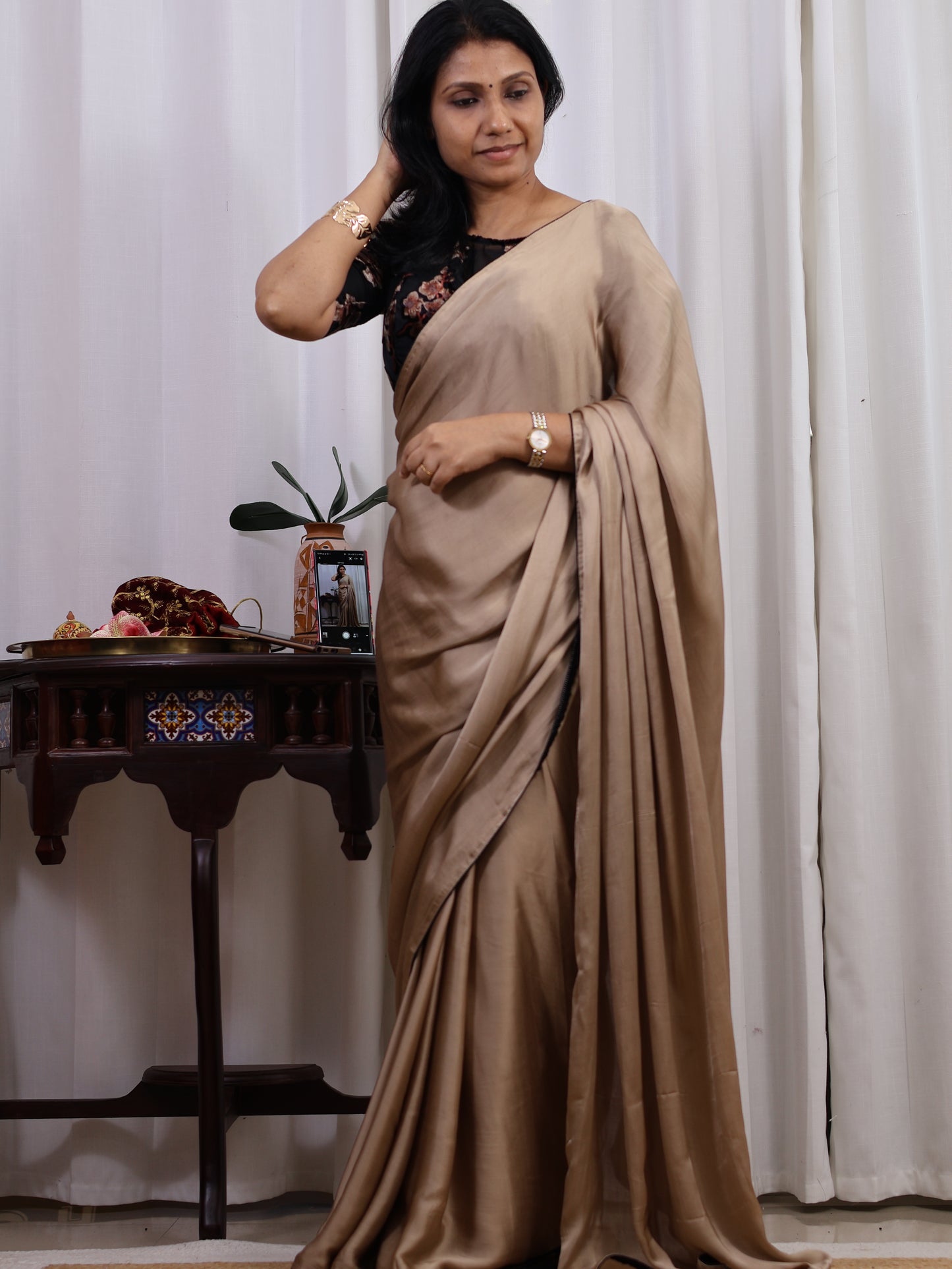 Velvet Whisper – Champagne Satin Modal Silk Saree