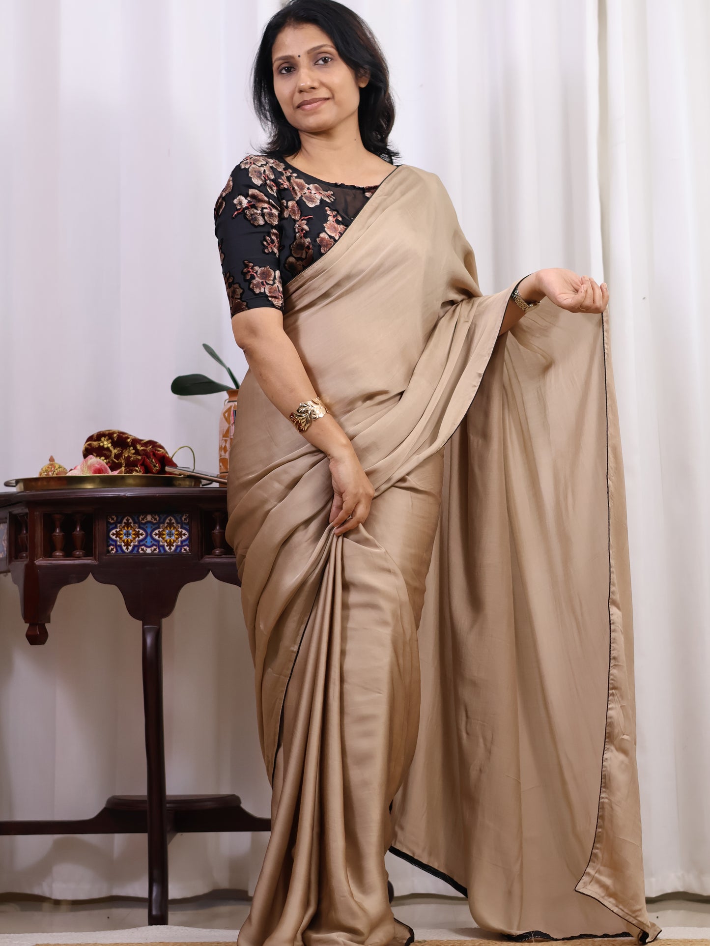 Velvet Whisper – Champagne Satin Modal Silk Saree