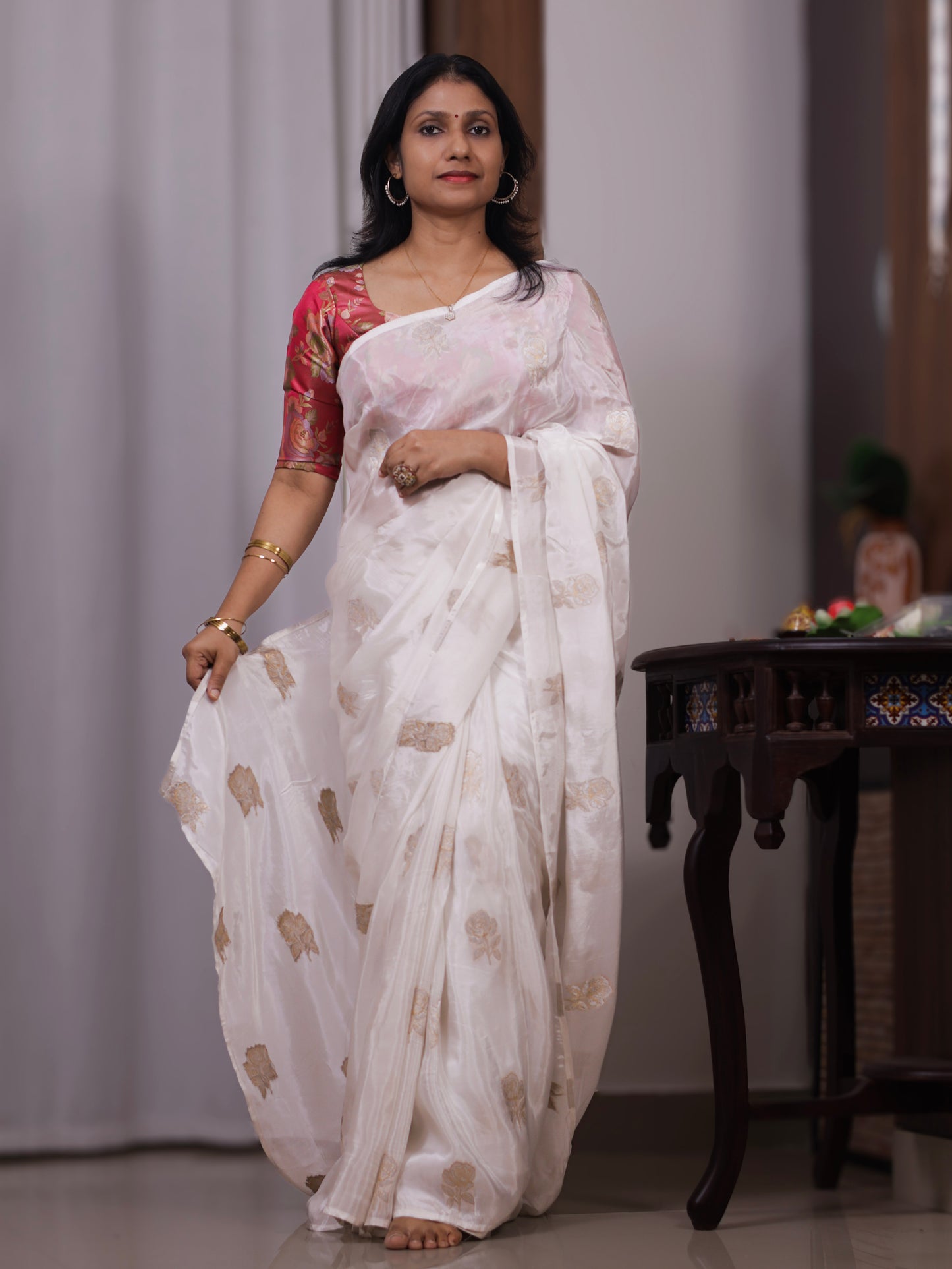 Ivory Rose Heirloom- soft silk saree with floral  brocade blouse