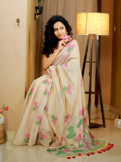 Lotus Whisper – Muga Cotton Silk Saree- pink