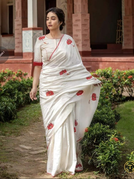 Off white embroidered cotton saree-S143