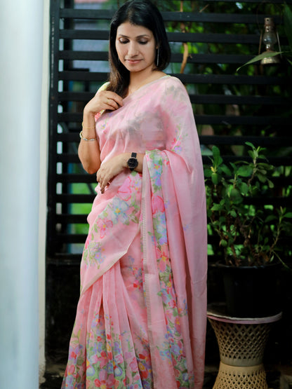 Petal Whisper – Semi Linen light pink Floral Saree